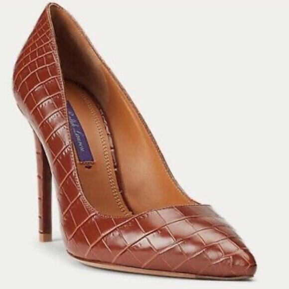RALPH LAUREN Purple Label Celia Brown Embossed Leather Pumps ITALY 39.5 - Picture 1 of 9